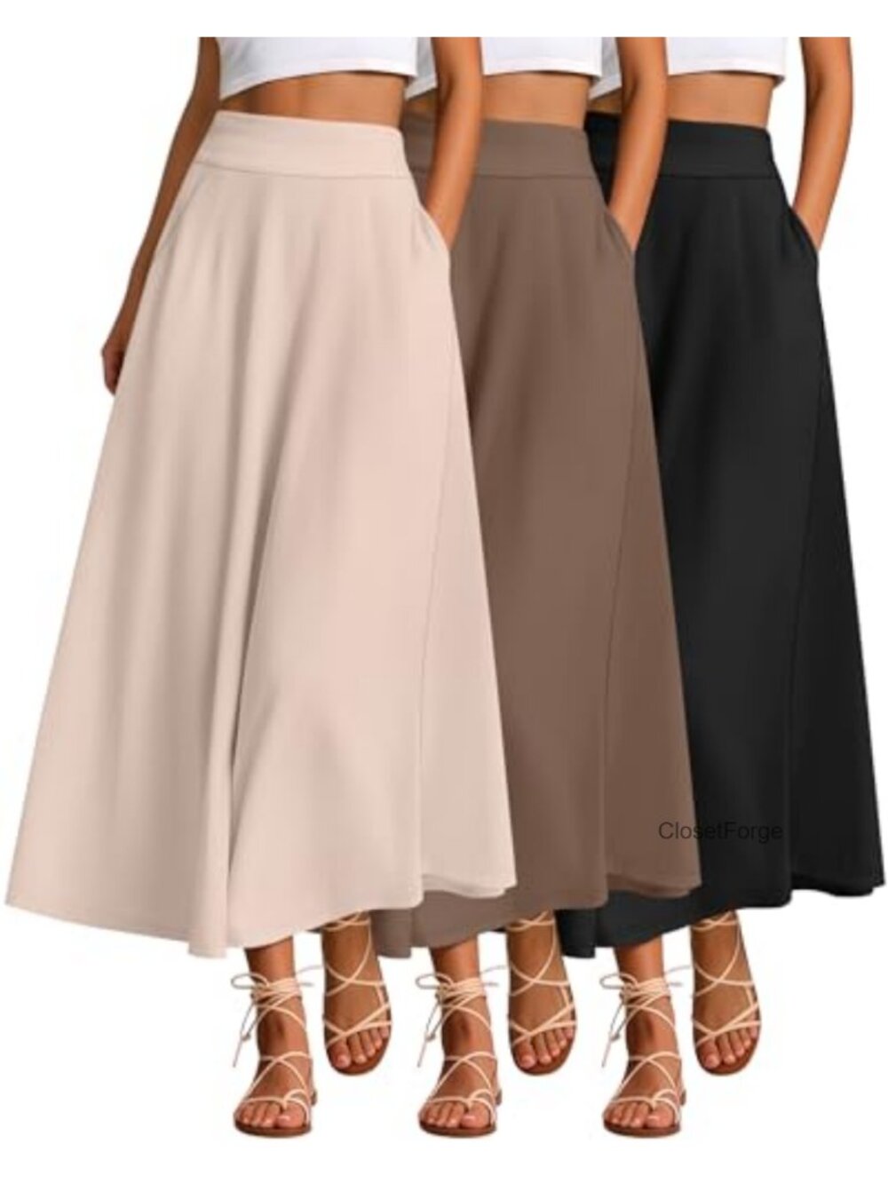 3 Pack Maxi Long A-Line Skirts High Waisted Pockets Flowy Casual